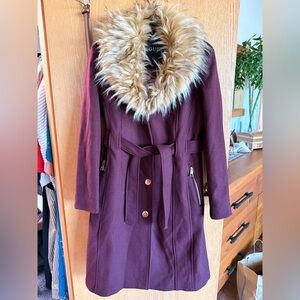 Guess Women's Burgundy Coat with Faux Fur Collar